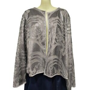Chico's Travelers Collection Sequined Open Front Jacket, Silver, Sz 3 (16)